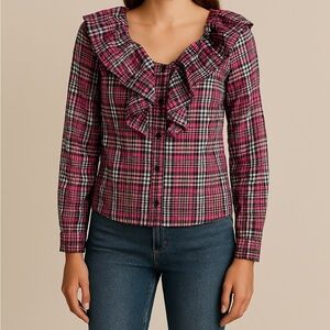 Ganni Pink And Black Charron Check Plaid Ruffle Button Down‎ Blouse